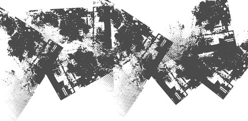 Splatter Paint Texture with Distress Grunge Background, Scratch Grain Noise Rectangle Stamp and Black Spray Ink Blot Abstract Vector Overlay.