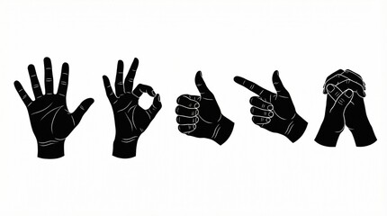 Five black hand gesture silhouettes on white background