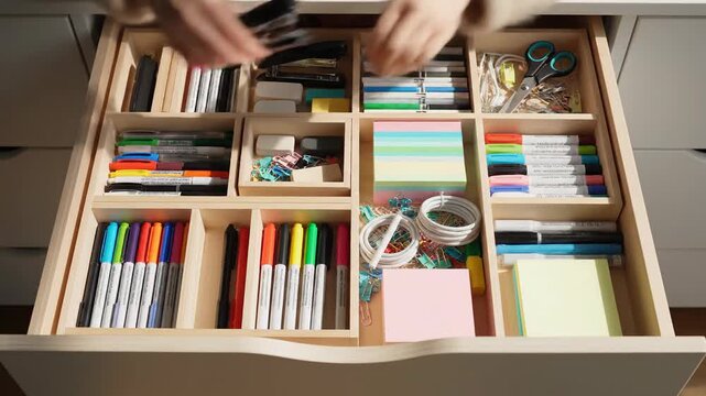Organized Desk Drawer with Colorful Stationery, Markers, Pens, and Sticky Notes