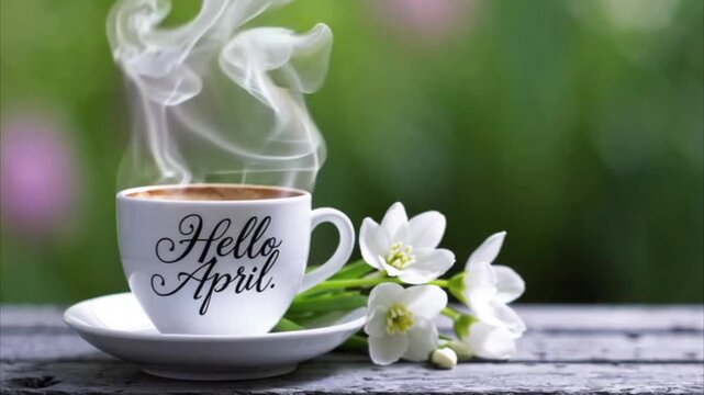 White coffee cup with &ldquo;Hello April&rdquo; text hot steam rises and  snowdrops spring flowers on a rustic wooden table on a blurred nature background,4K