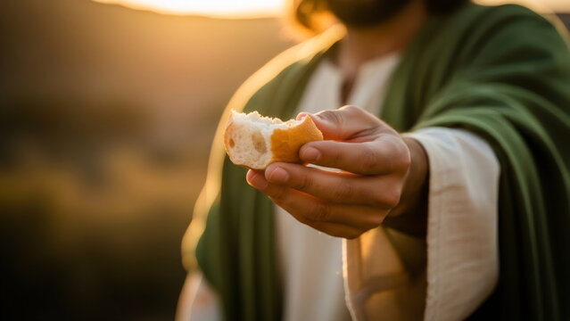 Jesus holds the broken bread for distribution. The spiritual concept of fellowship and divine giving. Christianity, Easter, the theme of the Last Supper. Bright light in nature.