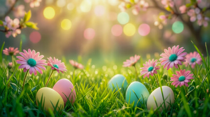 Fototapeta premium Pastel-colored eggs set on a lush green lawn with blooming pink daisies. Soft morning sunlight and a bokeh background with blossoming trees.