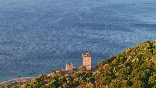 Aerial View of the Gattilusi Towers of Paleopolis Samothrace Greece