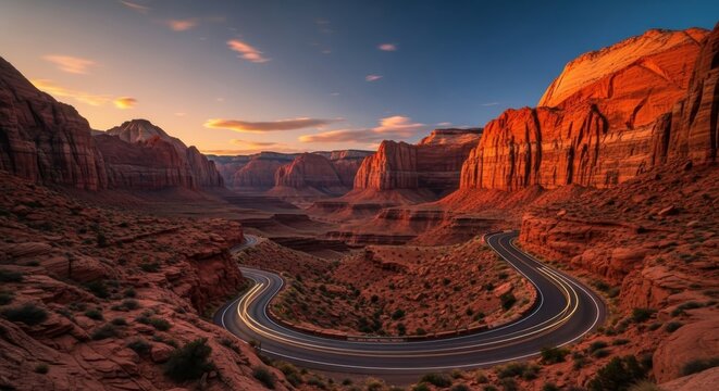 Curvy desert road landscape at sunset, scenic red rock canyon, nature photography, warm lighting, adventure travel, southwestern USA road trip