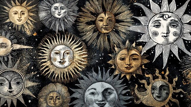 Vintage celestial sun faces with diverse artistic styles and intricate detailing.