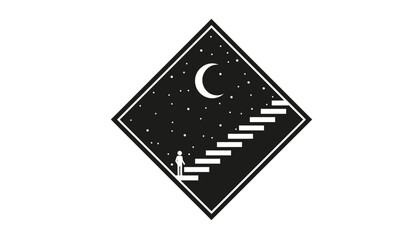 Black and white illustration of a person climbing stairs to the moon