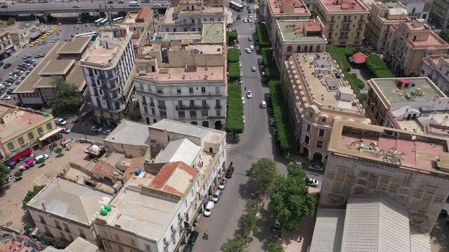 Aerial view of Mostaganem city streets and urban buildings