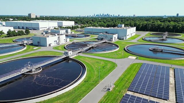 Aerial view of a large municipal wastewater treatment plant featuring multiple circular clarifiers and extensive solar panel arrays for sustainable energy generation near a distant city skyline.