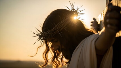 Fototapeta premium On the cross, wearing a crown of thorns. Jesus Christ suffering on the cross. The religious concept of Good Friday and Easter for spiritual worship.