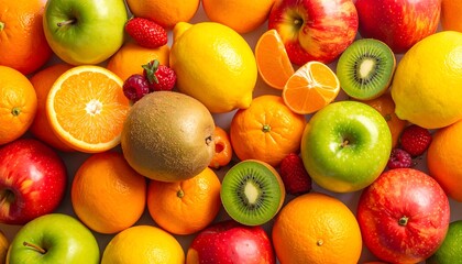 A vibrant assortment of fresh, ripe fruits including apples, oranges, lemons, kiwis, and mandarins, artfully arranged to showcase their natural colors and textures.