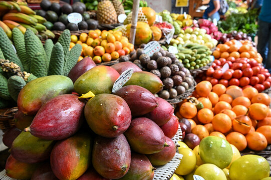 Lots of different fruits on a market in Funchal on Madeira island