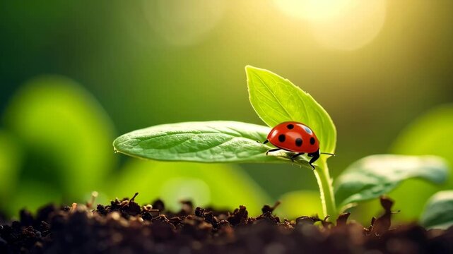 Red ladybug crawling on a green plant leaf bathed in golden sunlight