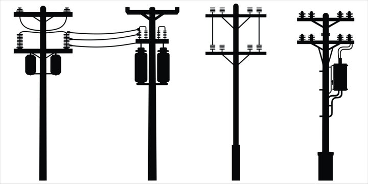 Four electricity poles with transformers and insulators in silhouette on white background power