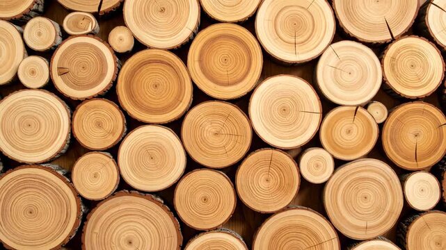 Stack of assorted natural wood log cross sections showing tree rings