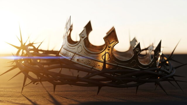 A crown of thorns and a crucifix on the ground, a golden crown resting on the crown of thorns with shiapmi. The image of the King of the Earth. A religious Easter concept.