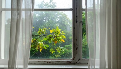 View through an old window with white curtains and green trees outside.