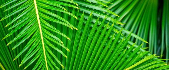 Fototapeta premium Close-up of vibrant green Chinese fan palm fronds, showcasing intricate texture, East Asian plant, botanical photography