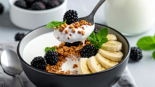 Healthy breakfast bowl with yogurt, blackberries, banana slices, granola and mint leaves