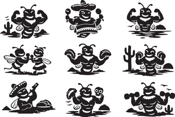 Muscular Mexican Bee Character Icons