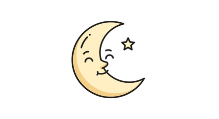 Happy smiling crescent moon icon with a small star, depicting a peaceful night sky, isolated white background. © abell