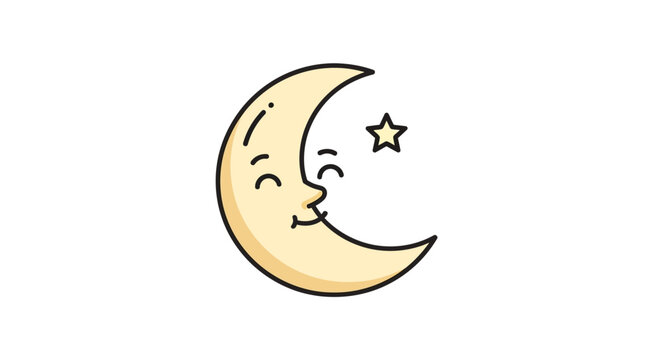 Happy smiling crescent moon icon with a small star, depicting a peaceful night sky, isolated white background.