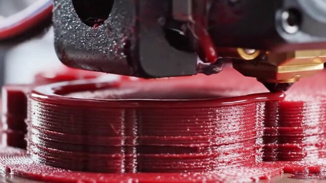 3D printer nozzle laying down plastic filament, macro shot of layers building up.