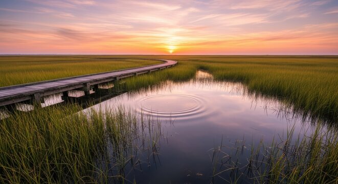 Boardwalk extends over peaceful marsh at sunrise. Landscape view, vivid colors, tranquil scene, scenic beauty. Nature photography, travel destination.