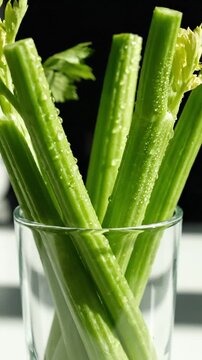 Fresh Crisp Celery Sticks In Glass With Water Drops Illuminated By Natural Light Healthy Eating
