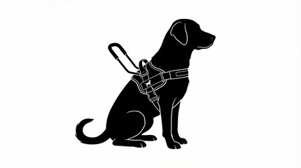 Black silhouette of harnessed dog sitting calmly