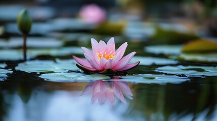 Serene Pink Water Lily Reflection in Tranquil Pond, Soft Light