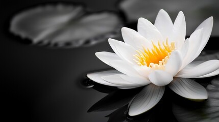 Serene White Lotus Blossom in Black and White Pond, Golden Center