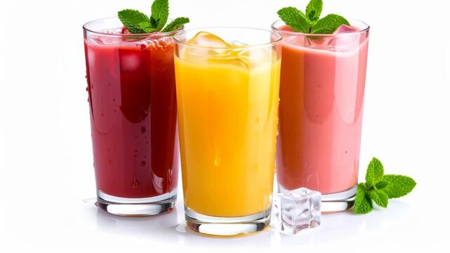 Three refreshing fruit drinks with ice and mint leaves on a white background