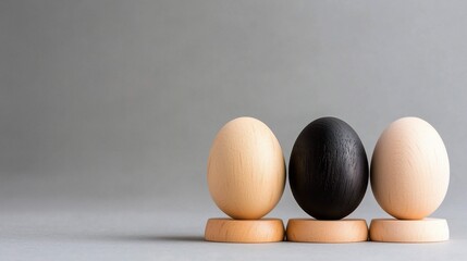 Three Wooden Eggs: Black Egg Centered Between Two Natural Eggs on Stands