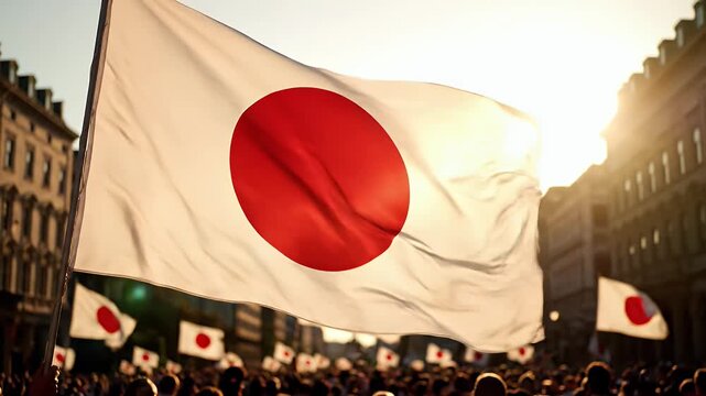Japanese Flag Waving in Crowd During Sunrise