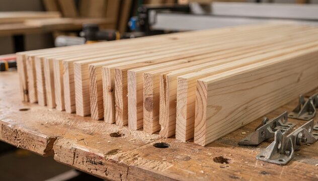 Medium shot of precisioncut wooden chords aligned for roof truss assembly highlighting smooth surfaces and consistent dimensions for structural integrity.