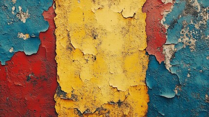 Vibrant Decay: Flaking Paint Layers in Red, Yellow, and Blue Texture