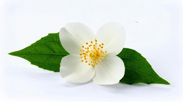 Close up of a delicate white jasmine flower with green leaves and water droplets