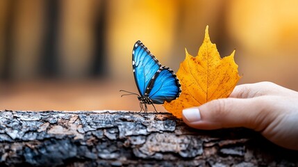 Vivid Blue Butterfly on Textured Bark with Golden Autumn Leaf in Hand