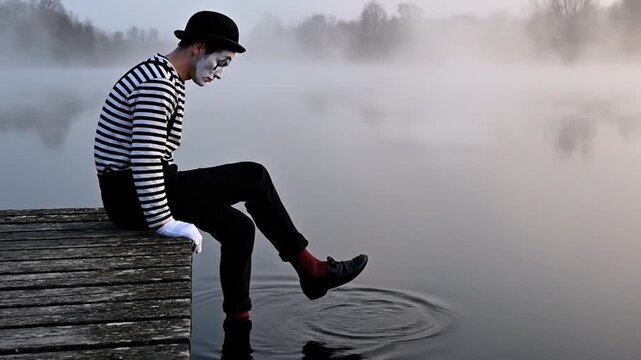 Sad mime sitting on wooden dock by misty lake