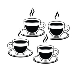 Obraz premium Four Steaming Cups of Coffee on Saucers, Vector illustration Black and White