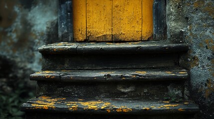 Weathered Wooden Steps Leading to a Distressed Yellow Door, Rustic Charm