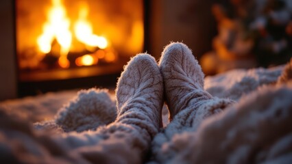 Cozy winter lifestyle scene with people wearing warm socks while relaxing together near a fireplace. Concept of comfort, warmth, hygge living, home relaxation, and seasonal atmosphere
