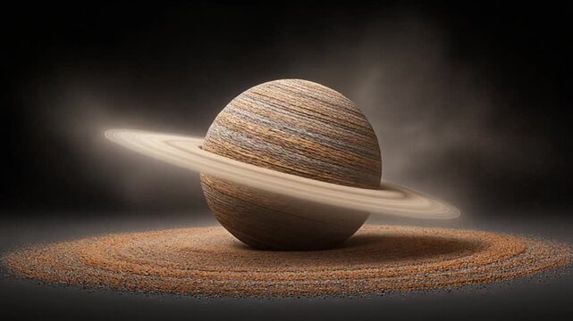Digital image of a planet with rings, a base ring, and a starry background
