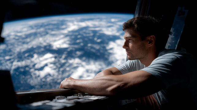 The scene from the spaceship highlights an astronaut's moment of reflection as they look out at Earth&rsquo;s vast beauty, showcasing the delicate balance of nature and civilization observable from the