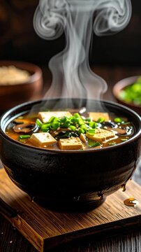 Hot steaming bowl of miso soup with tofu cubes and chopped green onions