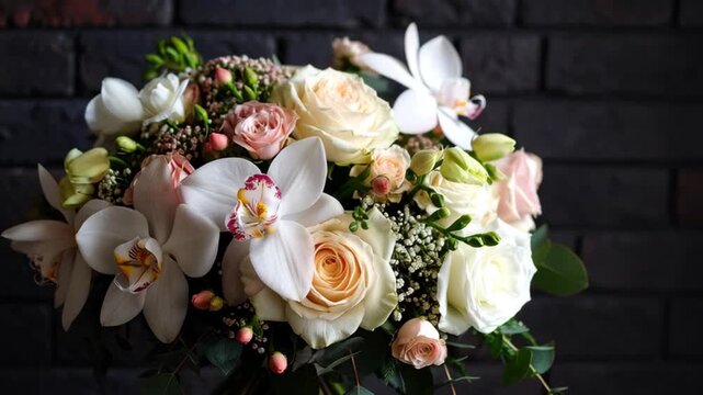 Elegant arrangement of cream roses and white orchids with delicate pink accents