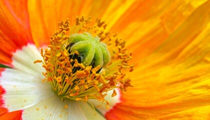 Close-up Macro Shot of a Vibrant Orange Poppy Flower Center.