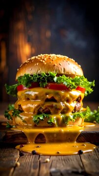 Gourmet double cheeseburger dripping with melted cheddar cheese on a rustic wooden board