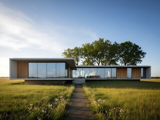Obraz premium Contemporary architectural marvel standing in a serene grassy landscape