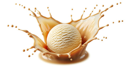 Fototapeta premium a creamy vanilla ice cream scoop splashing into rich golden caramel sauce creating dynamic ripples perfect for illustrating sweet desserts.